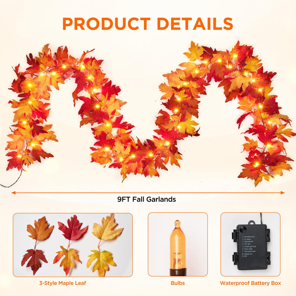 Fall Decorations for Home 9 FT Pre-lit Fall Garland with 50 LED Orange Lights, Auto Timer, 8 Lighting Modes, Waterproof Battery Operated Maple Leaf Garland for Fall Halloween Thanksgiving Decorarions