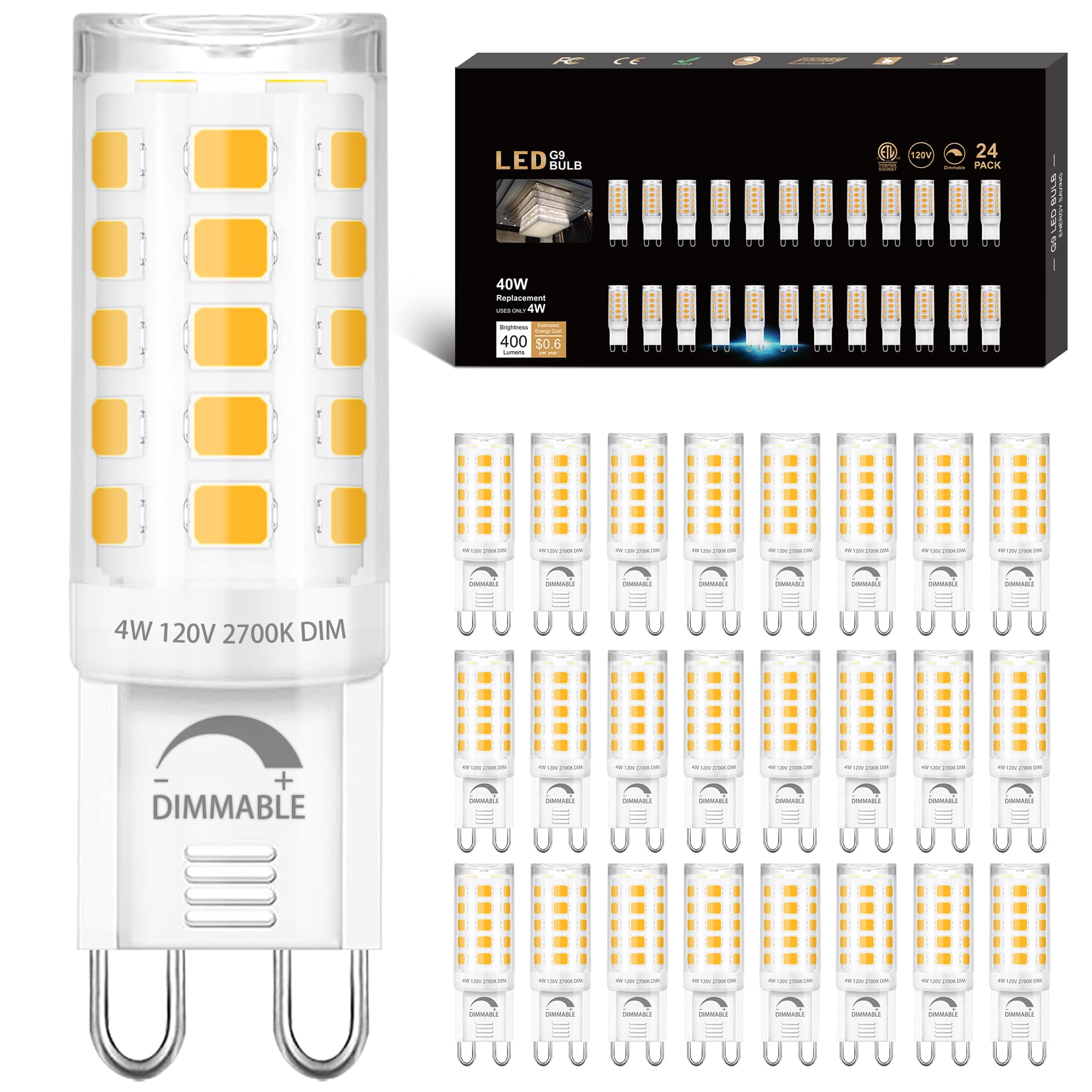 winshine 24 Pack Dimmable G9 LED Light Bulb 2700K Soft White, 40W Equivalent Halogen Replacement, 4W G9 Base Chandelier Light Bulb, T4 Bi Pin Base, CRI85+ 120V 400 Lumens 360 Beam Angle