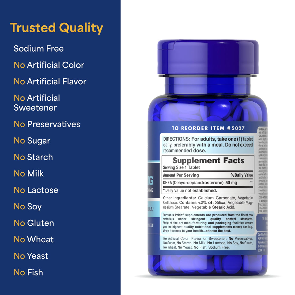 Puritan's Pride Youth Guard DHEA for Women and Men 50mg, Dietary Supplement for Healthy Aging, 3 Month Supply, 100 Tablets, 2 Pack