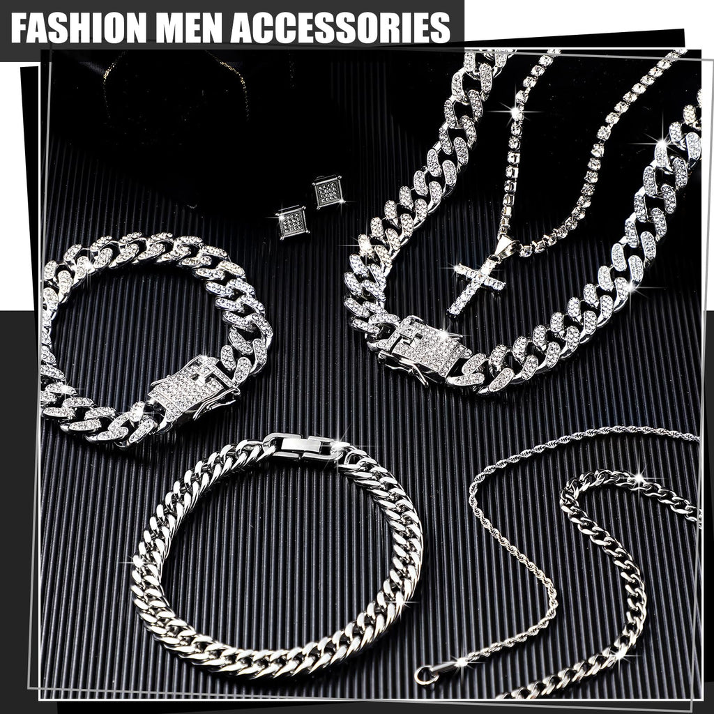 Yinkin 6 Pcs Men Jewelry Set Hip Hop Diamond Chain Bracelet Set, Silver