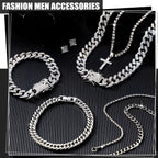 Yinkin 6 Pcs Men Jewelry Set Hip Hop Diamond Chain Bracelet Set, Silver