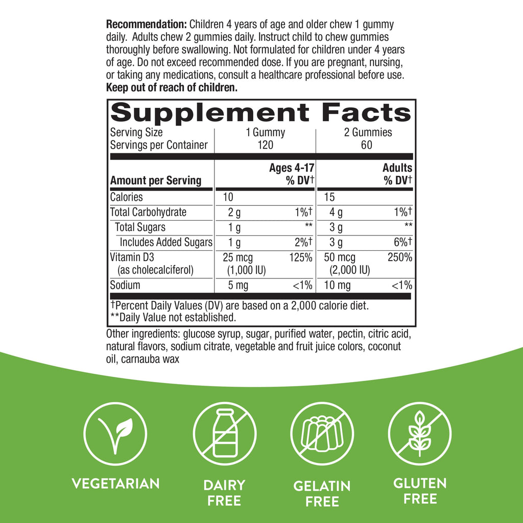 Nature's Way Vitamin D3 Gummies, Supports Immune and Bone Health*, 2000 IU (50 mcg) per 2-Gummy Serving, Vitamin D3 2000IU per 2 Gummies, Mixed Fruit Flavored, 120 Count (Set of 2)