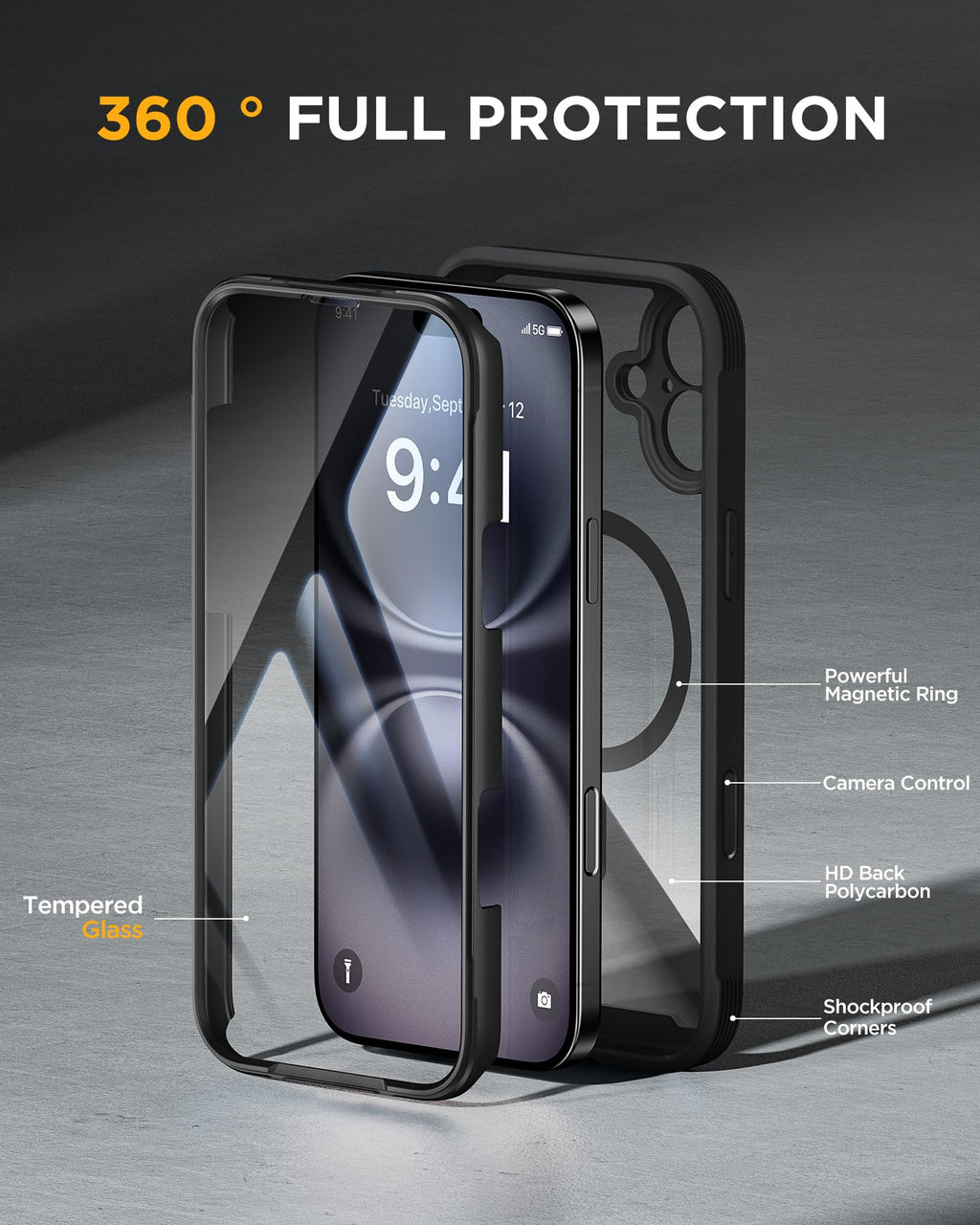 Miracase for iPhone 16 Case 6.1'', Full-Body Bumper Phone case with Built-in Full Glass Screen &Camera Control,No Gap,Compatible with MagSafe,Drop Proof 16 Cover,Black