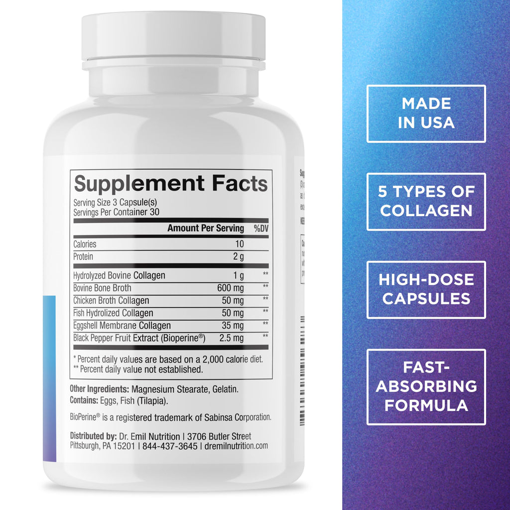 DR. EMIL NUTRITION Women's Multi Collagen Pills | Collagen Supplements | Support Hair, Skin, Nails & Joints | Hydrolyzed Collagen Supplements | Types I, II, III, V & X | 90 Capsules