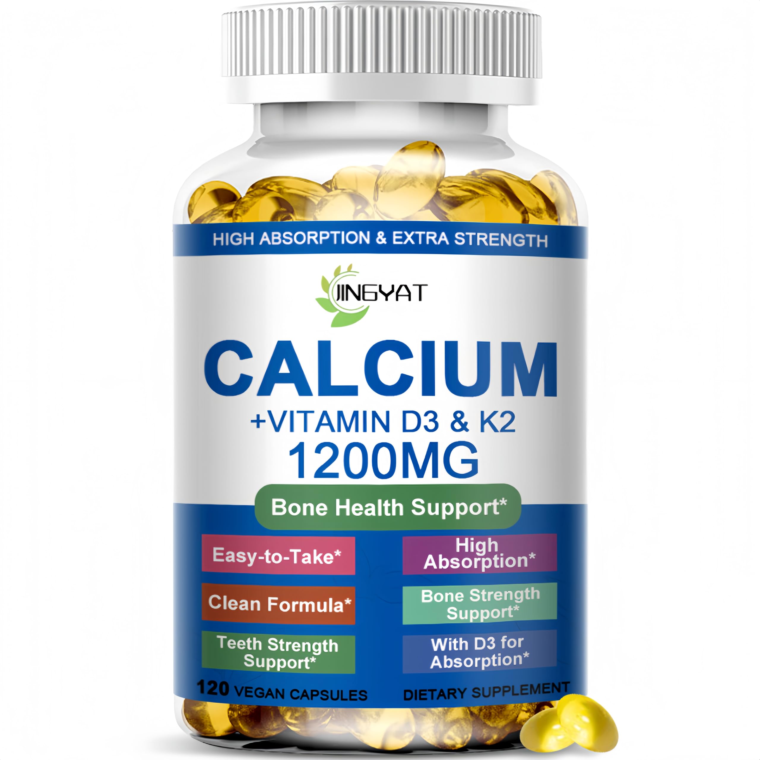 Calcium Supplements for Women - Calcium 1200 mg with Vitamin D3 & K2 - High Absorption Extra Strength Calcium Citrate for Bone Health, Strength, Density, Muscle, Heart Support - Slow Release, Non-GMO