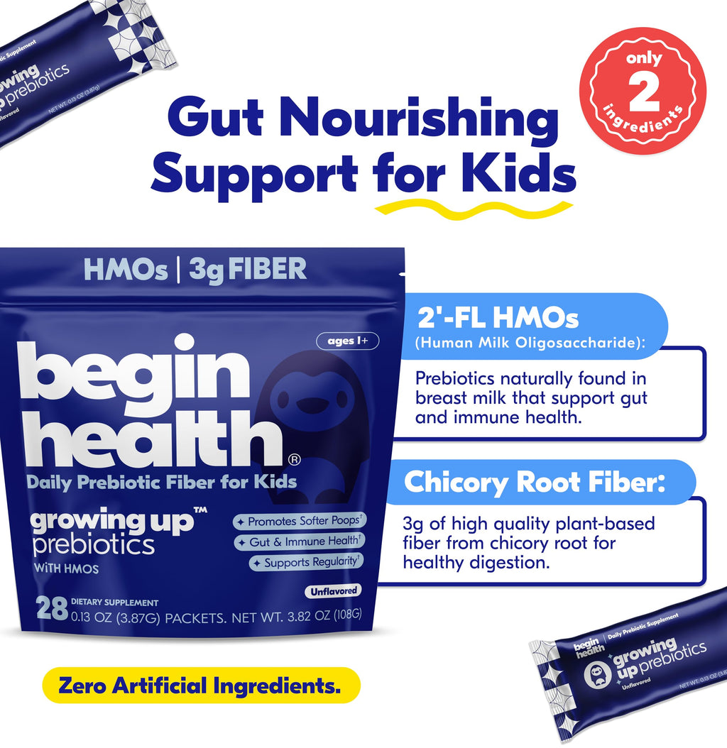 Begin Health Growing Up® Prebiotics for Kids 84-Packs | Prebiotic Soluble Powder Stool Softeners & Digestive Gut Health Supplement | Ideal to Mix with Kids Daily Beverages and Soft Foods - Unflavored