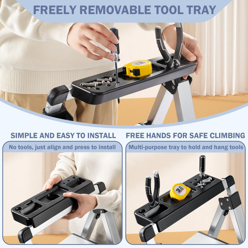 XinSunho 4 Step Ladder, Aluminum Folding Stool with Retractable Handgrip