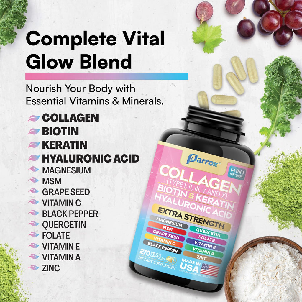 Parrox Collagen Peptides Types I, II, III, V & X, MCG Biotin, Keratin, Hyaluronic Acid, MSM, Zinc, Grape Seed Extract, Quercetin, Vitamin A, Vitamin C, Vitamin E, Magnesium, Folic Acid (270 Capsules)