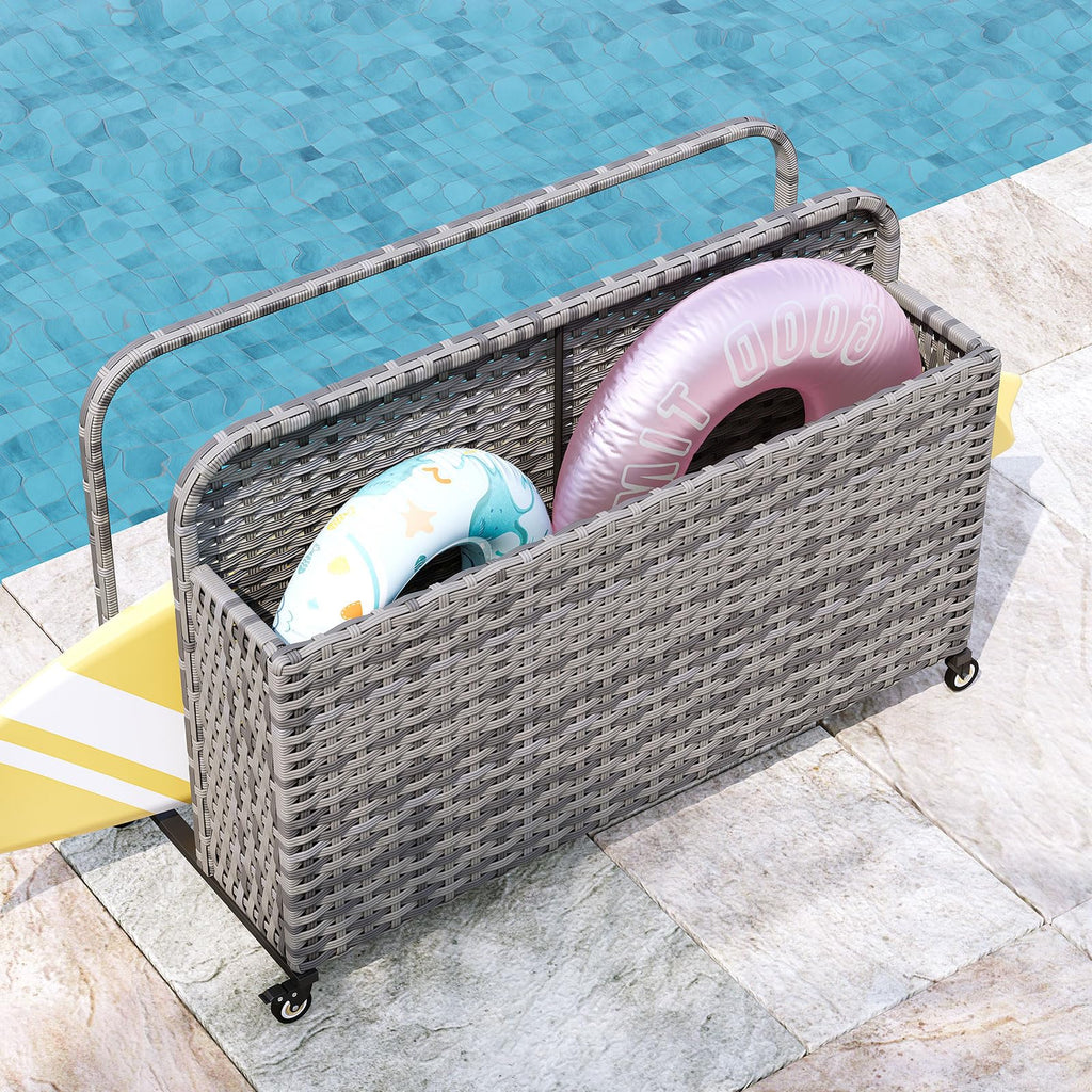 SunSwell Wicker Pool Float Storage Organizer, Rattan Outdoor Float Holder Poolside Storage Basket Caddy Cart for Floaties, Noodles, Life Vests，1 Open Compartment1