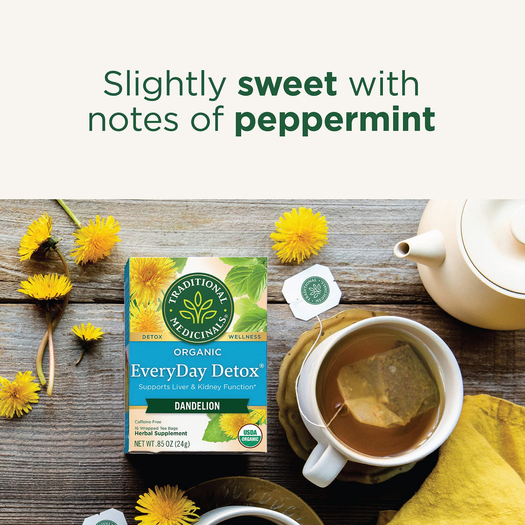 Traditional Medicinals Tea, Organic EveryDay Detox Dandelion - Supports Healthy Liver & Kidney Function, Detox - Kosher, Non-GMO, Caffeine-Free - 96 Tea Bags (6 Pack)