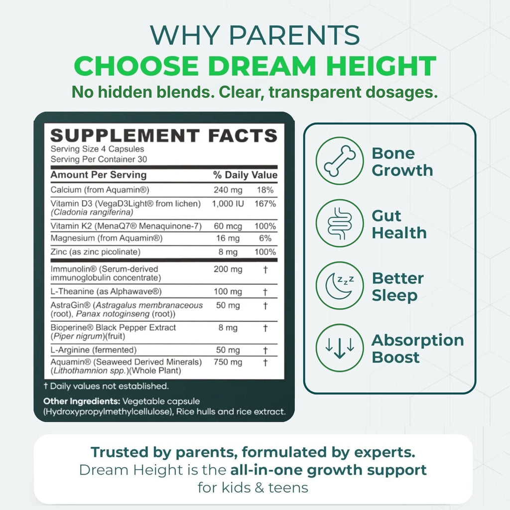 Moddy's Nutrition DreamHeight Growth Supplement for Kids & Teens, Bone, Immune & Sleep Support, Clinically Studied Formula, 120 Small Easy-to-Swallow Capsules
