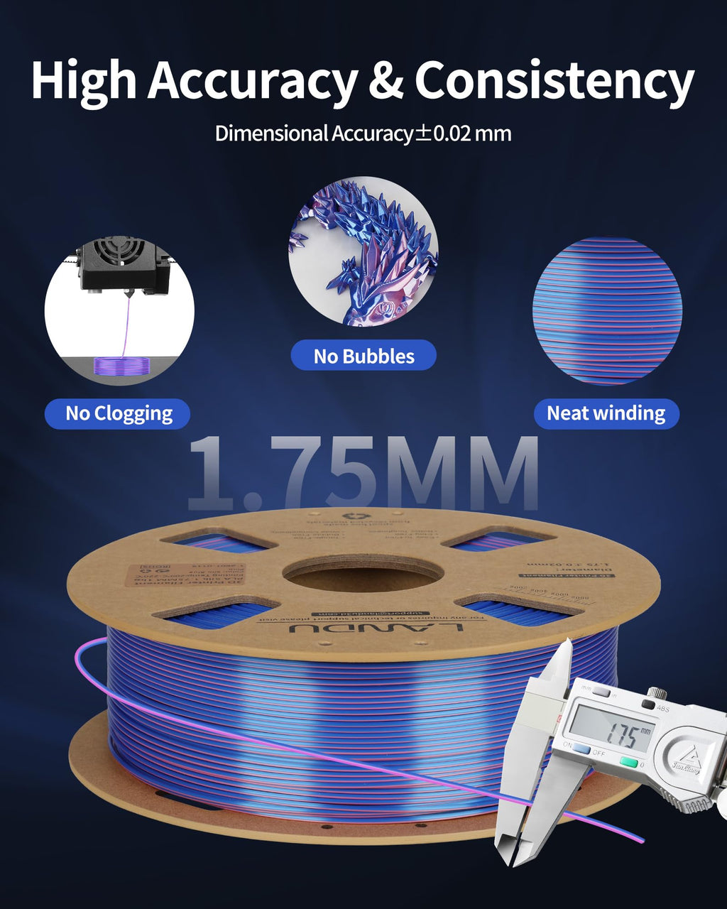 LANDU Silk Dual Color PLA Filament 1.75mm 1KG, 3D Printer Filament Dimensional Accuracy +/- 0.02mm, Coextrusion Filament PLA Shiny Filament Fits for Most FFF 3D Printers,1KG Spool,Gold Silver
