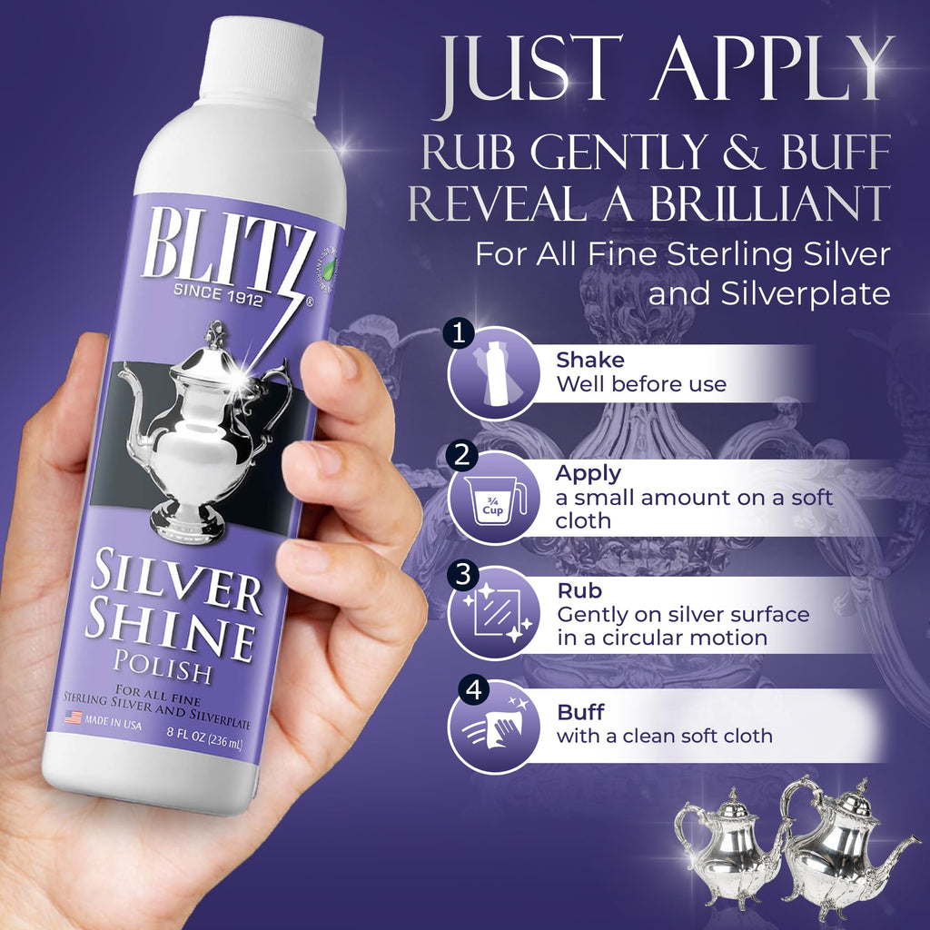 Blitz Silver Shine Polish Liquid Silver Polish for Sterling and Silverplate Jewelry, Dishes, Flatware, Fixtures, & Decor Non-Toxic, Non-Abrasive, & Planet Friendly Made in The USA 8oz Pack of 2