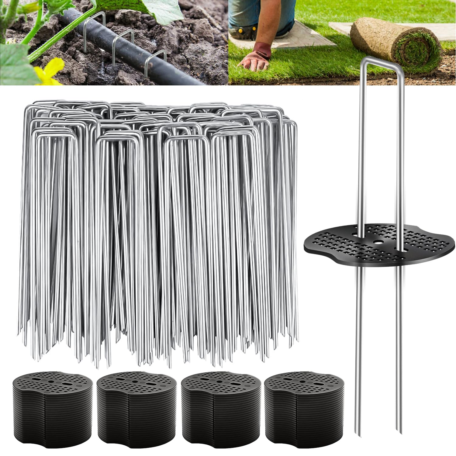 200PCS Garden Stakes Landscape Staples Set with Gasket, 11 Gauge