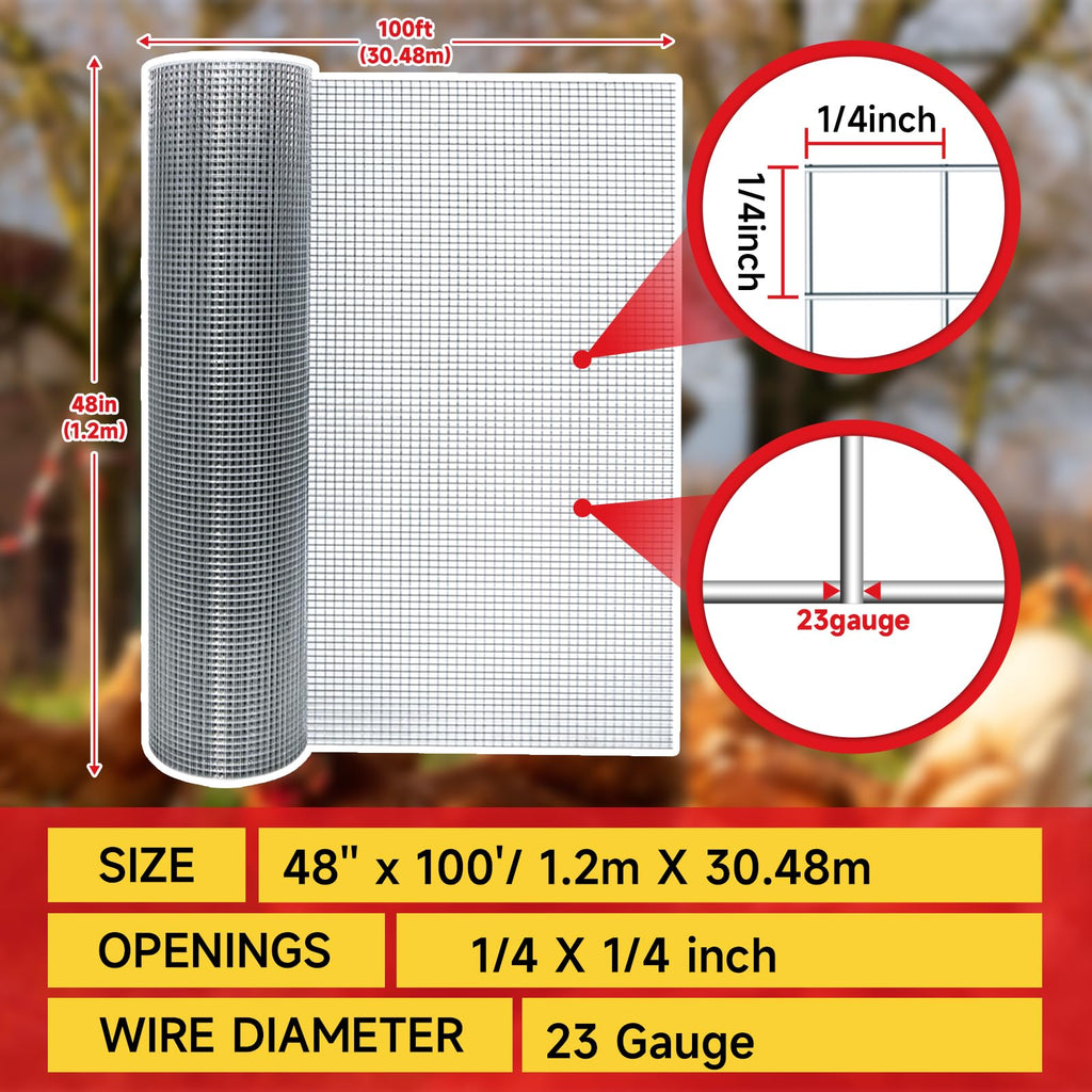 Sanzeus Hardware Cloth, 1/4 Inch 48in x 100ft 23 Gauge, Double-Layer Hot-Dip Galvanizing After Welding, Chicken Wire Fence Wire Mesh Poultry Netting Garden Fence Tree Guard Rolls