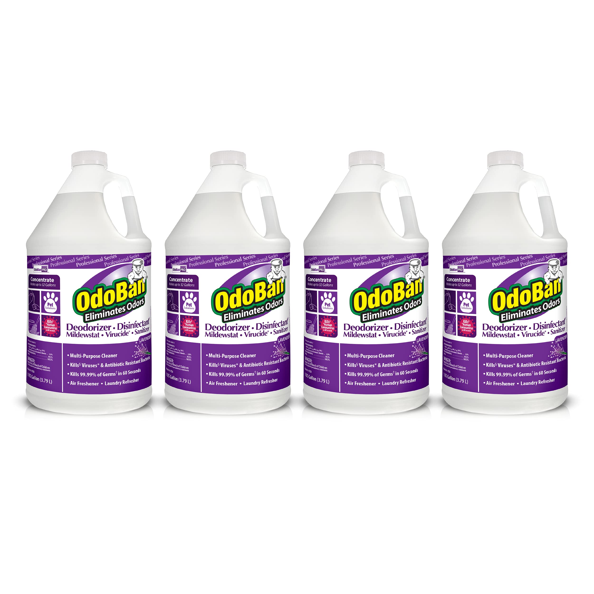 OdoBan Professional Disinfectant and Odor Eliminator Concentrate, Made in the USA, Lavender Scent, 4-Pack, 1 Gallon Each