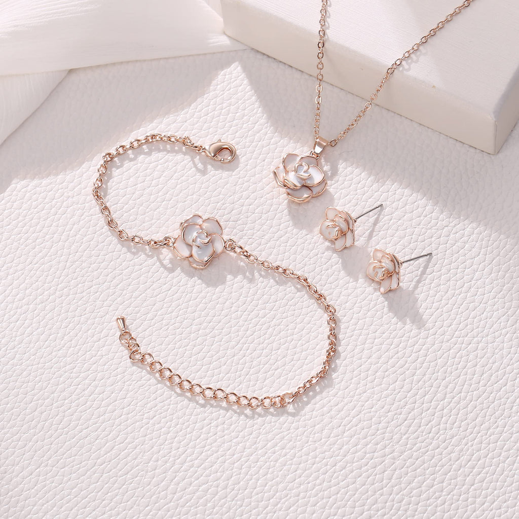 EleQueen 3Pcs Rose Flower White Rose Gold Plated Child Jewelry Set