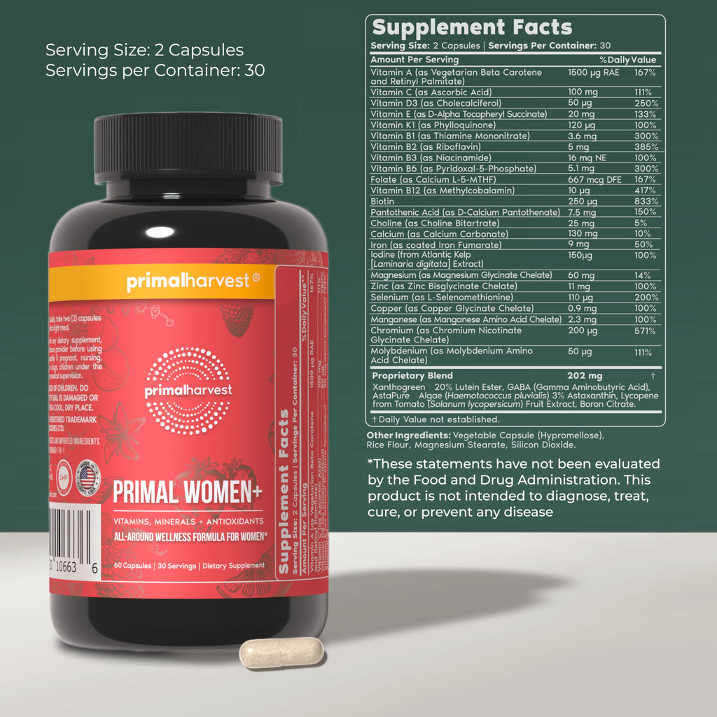 Primal Harvest Women+, Woman's Multivitamin Vitamin A, Vitamin C, Vitamin D and E, Vitamin B12, B6, Biotin, Zinc Supplements,1 Pack 60 Capsules