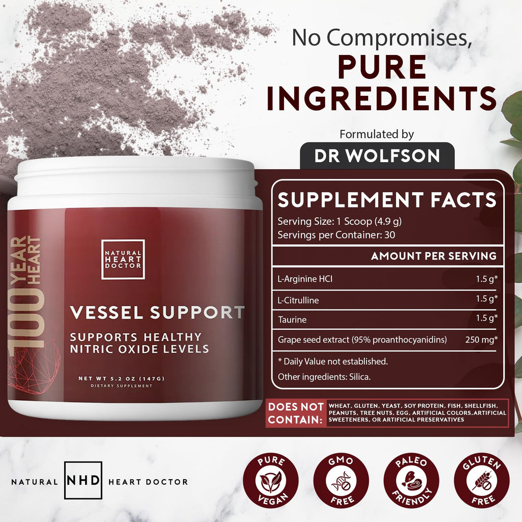Natural Heart Doctor Vessel Support High Blood Pressure Supplement - Nitric Oxide Supplement with L-Arginine & Grape Seed Extract – Nitric Oxide Booster for Vascular Wellness - Made in USA - 5.2 Oz
