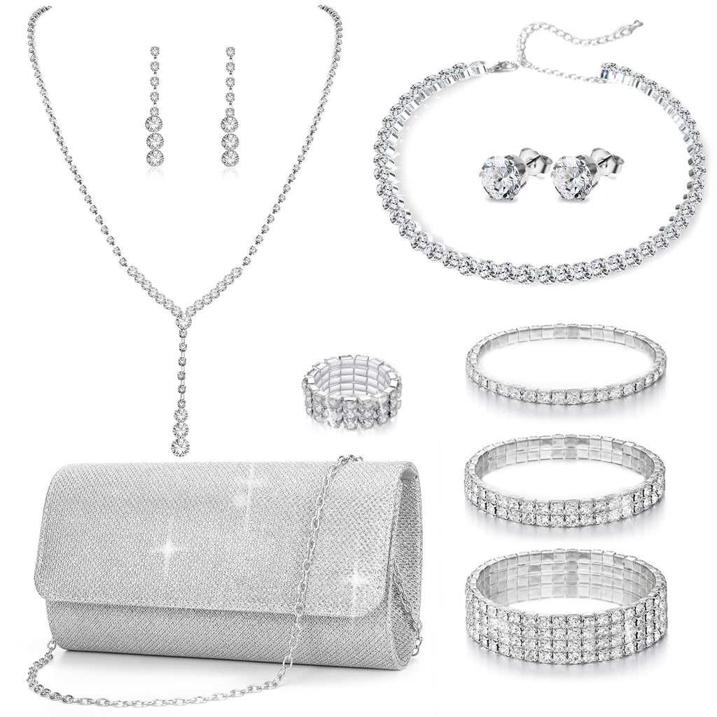 GIFIKOI 11 Pcs Silver Clutch Purse Crystal Jewelry Set for Women Shiny Rhinestone Jewelry Accessories for Evening Party Bride Wedding