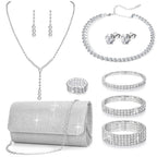 GIFIKOI 11 Pcs Silver Clutch Purse Crystal Jewelry Set for Women Shiny Rhinestone Jewelry Accessories for Evening Party Bride Wedding