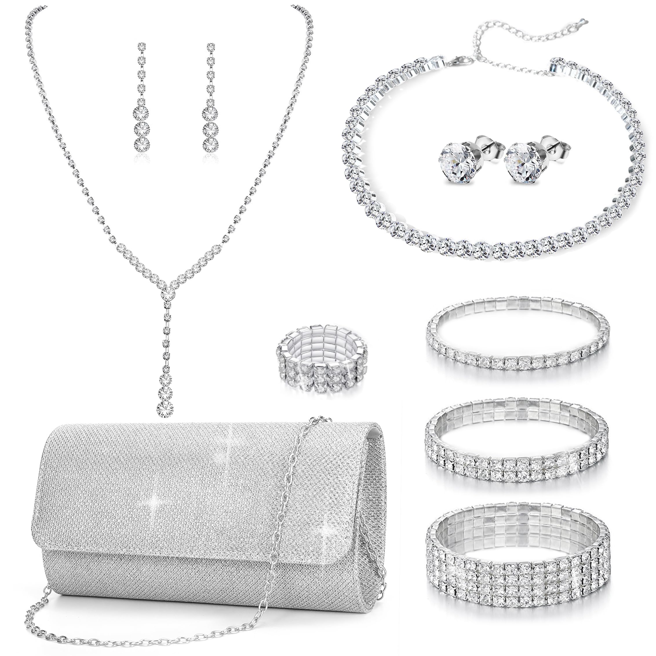 GIFIKOI 11 Pcs Silver Clutch Purse Crystal Jewelry Set for Women Shiny Rhinestone Jewelry Accessories for Evening Party Bride Wedding