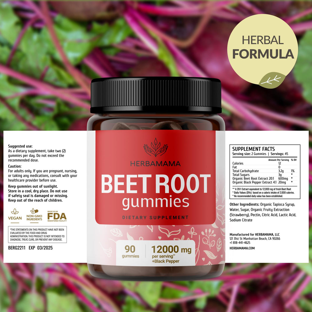 HERBAMAMA Beet Root Gummies - Beets Supplements for Energy & Immune Support - Circulation & Heart Support Supplements - 90 Beet Root Chews (45 Servings)