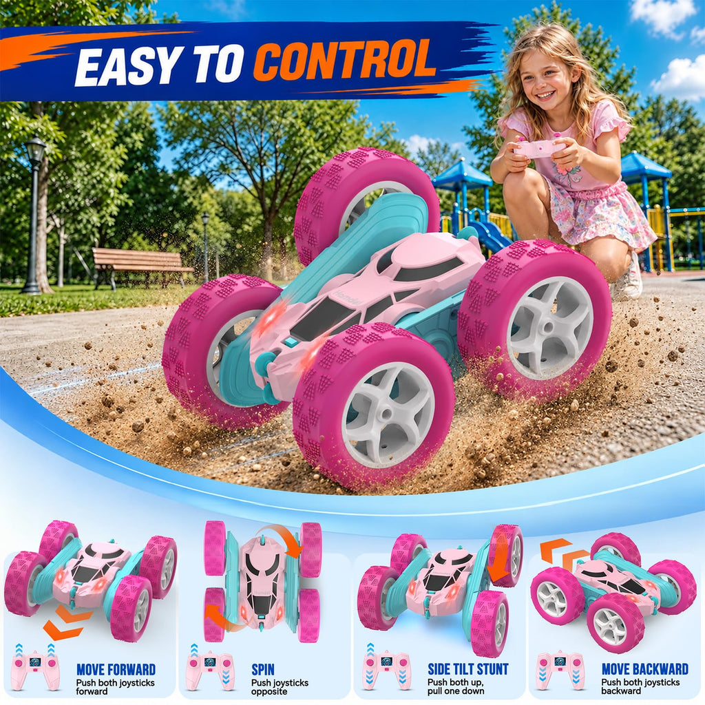 Hamdol Pink Remote Control Car for Girls, 360° Flipping Stunt Car with LED Headlights, Rechargeable 4WD Electric Toy Vehicle, Princess Gift for 6 7 8 9 10 11 Year Old Girls, Birthday & Christmas Toy