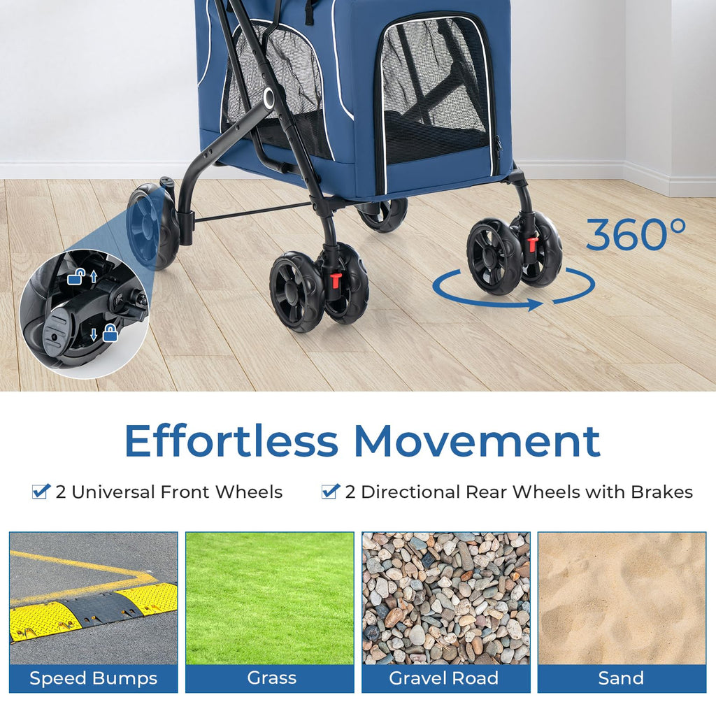 HAPPAWS Pet Stroller with Detachable Carriers, Adjustable Cat Stroller for Small & Medium Pets, 4-in-1 Cat Carriers with Safety Belt and Lockable Wheels, Navy Blue