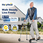 HolyHeal Folding Walkers for Seniors with 2 Skis and 5" Wheels, Lightweight Adult Rolling Walker, Supports Up to 350 Pounds, Adjustable Height, Aluminum Standard Walker, Silver