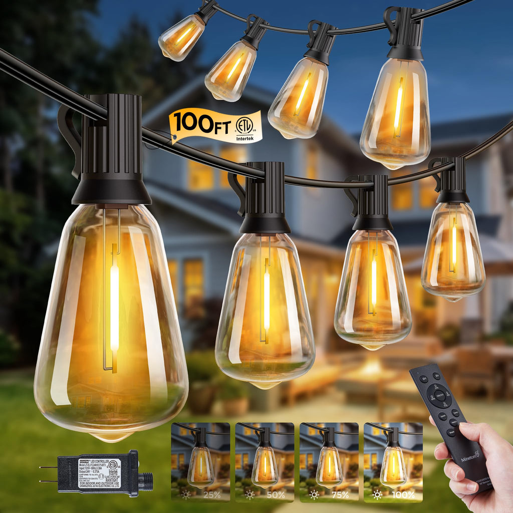 Minetom 100FT Outdoor String Lights with Remote, 46+2 Shatterproof ST38 LED Bulbs, Waterproof Patio Lights with 3 Modes, Dimmable & Connectable 2700K Hanging Lights for Backyard Porch Deck Balcony