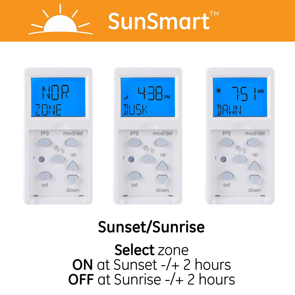GE SunSmart 7-Day In-Wall Digital Timer Switch, Auto Sunrise/Sunset, Weekly Programmable, Security, Countdown, Single-Pole/3-Way, Neutral Wire Required, White or Light Almond, 32787