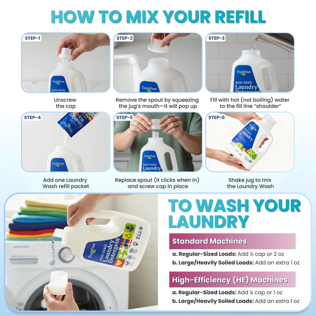 Truly Free Natural Laundry Detergent for Sensitive Skin | Eco Friendly, Plant Based, Baby Clothes Safe | Clean & Easy Powder to Liquid, 1 Pack Detergent + 1 Refillable Jug | Signature Scent, 50 Loads