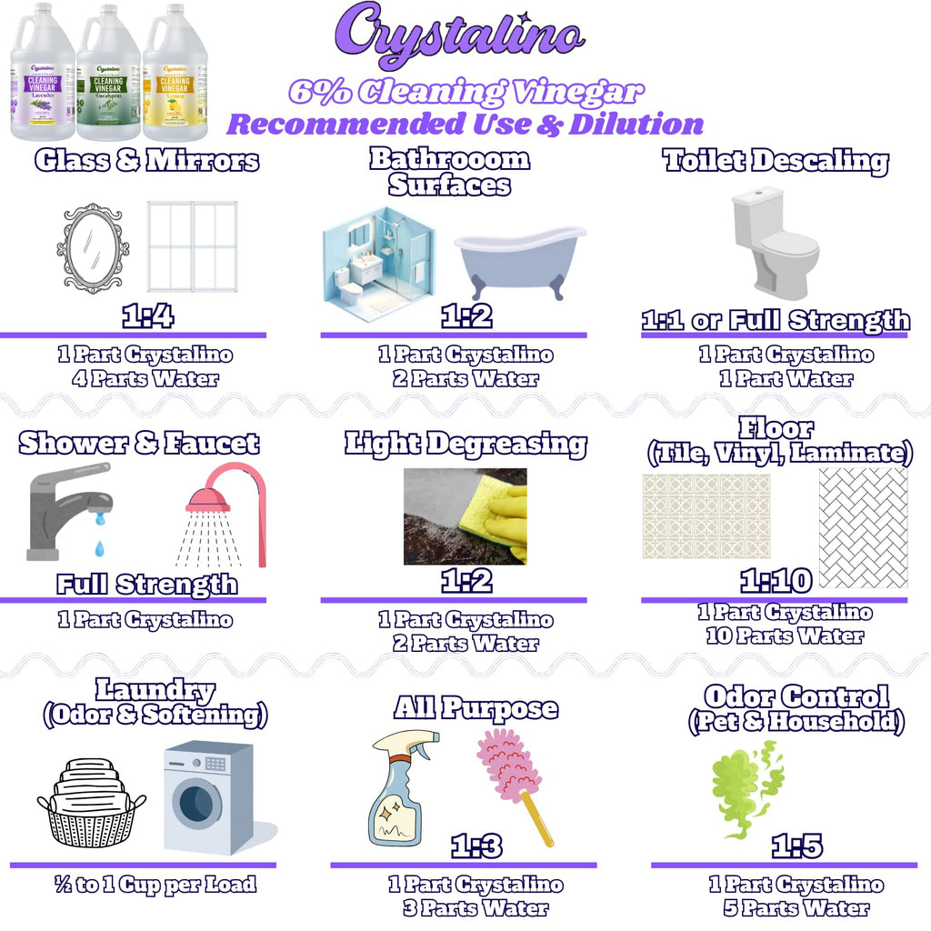Crystalino 6% Cleaning Vinegar Cleaner (1 Gallon) Eucalyptus Essential Oil Powered for Home, White Industrial Vinegar for Cleaning Purpose and Laundry, Vinager, Vinagre Blanco de Limpieza, Vinger