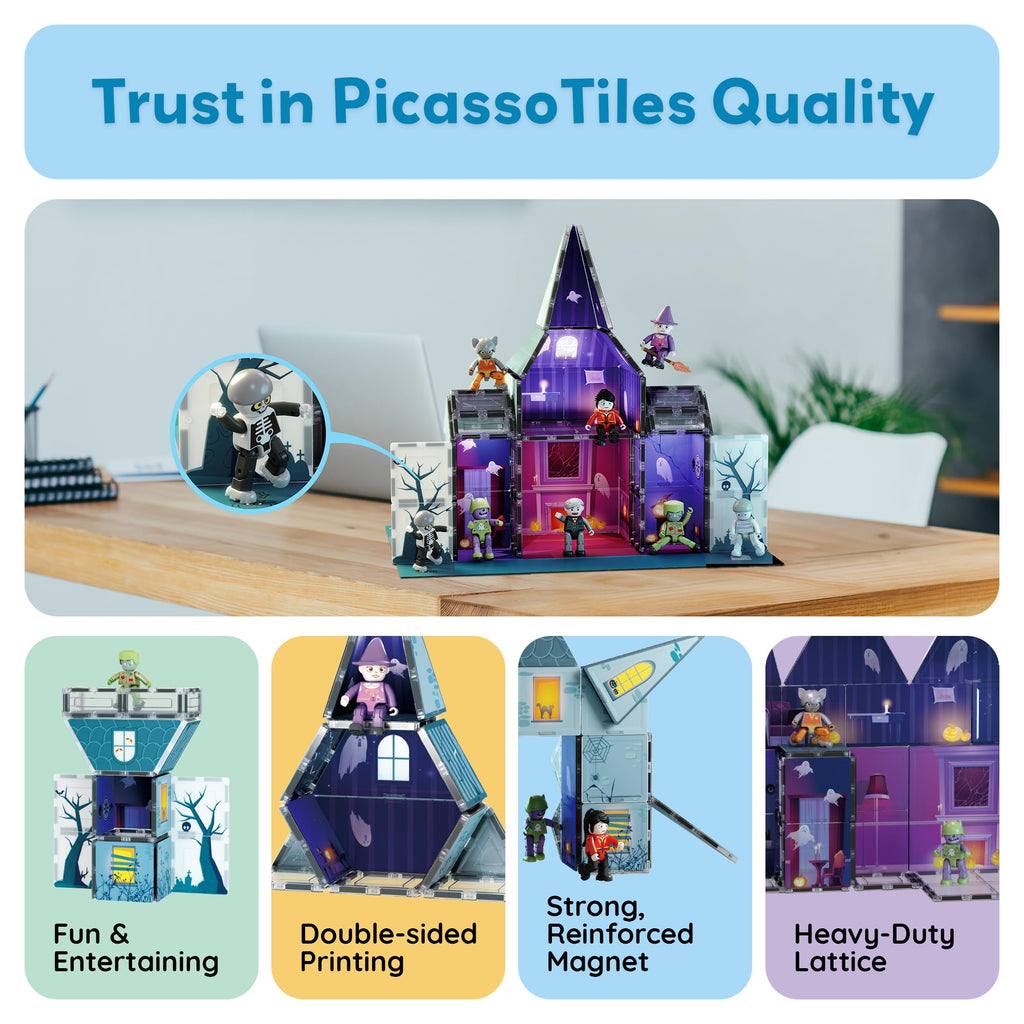 PicassoTiles 57 PCS Magnetic Tiles Halloween Haunted House STEM Set Ages 3+