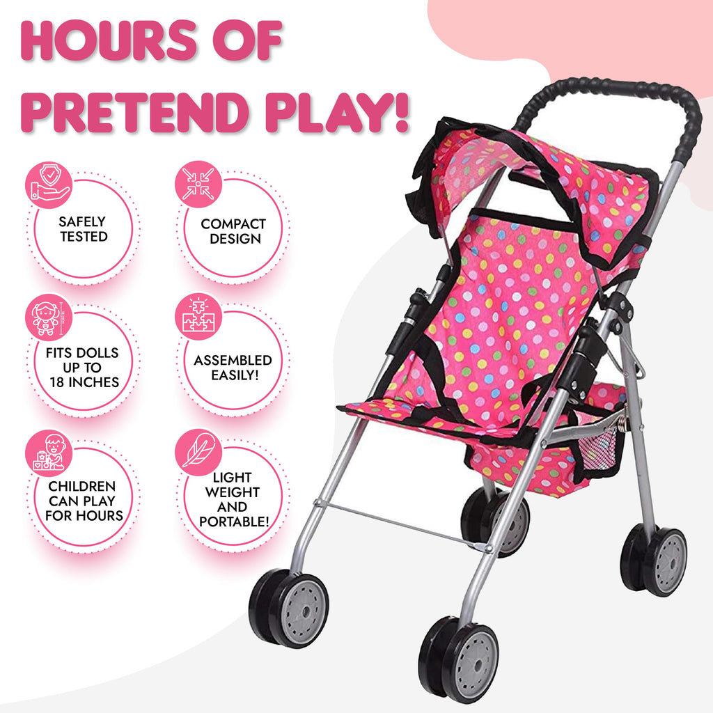 fash n kolor® - Doll Stroller My First Baby Doll Strollers Toy - Flower Design with Basket in The Bottom- Doll Accessories 2 Free Magic Bottles Included (Polka Dot)