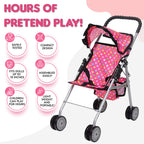 fash n kolor® - Doll Stroller My First Baby Doll Strollers Toy - Flower Design with Basket in The Bottom- Doll Accessories 2 Free Magic Bottles Included (Polka Dot)