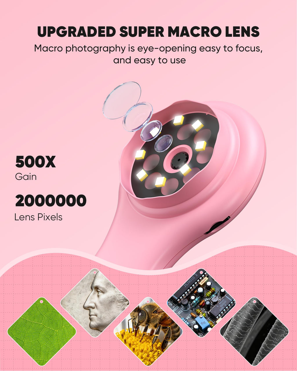 T TAKMLY Mini Pocket Digital Microscope, Macro Fixed Focus Magnifying Glass, Portable Handheld USB Digital Microscope 500x Magnification, 4X Zoom