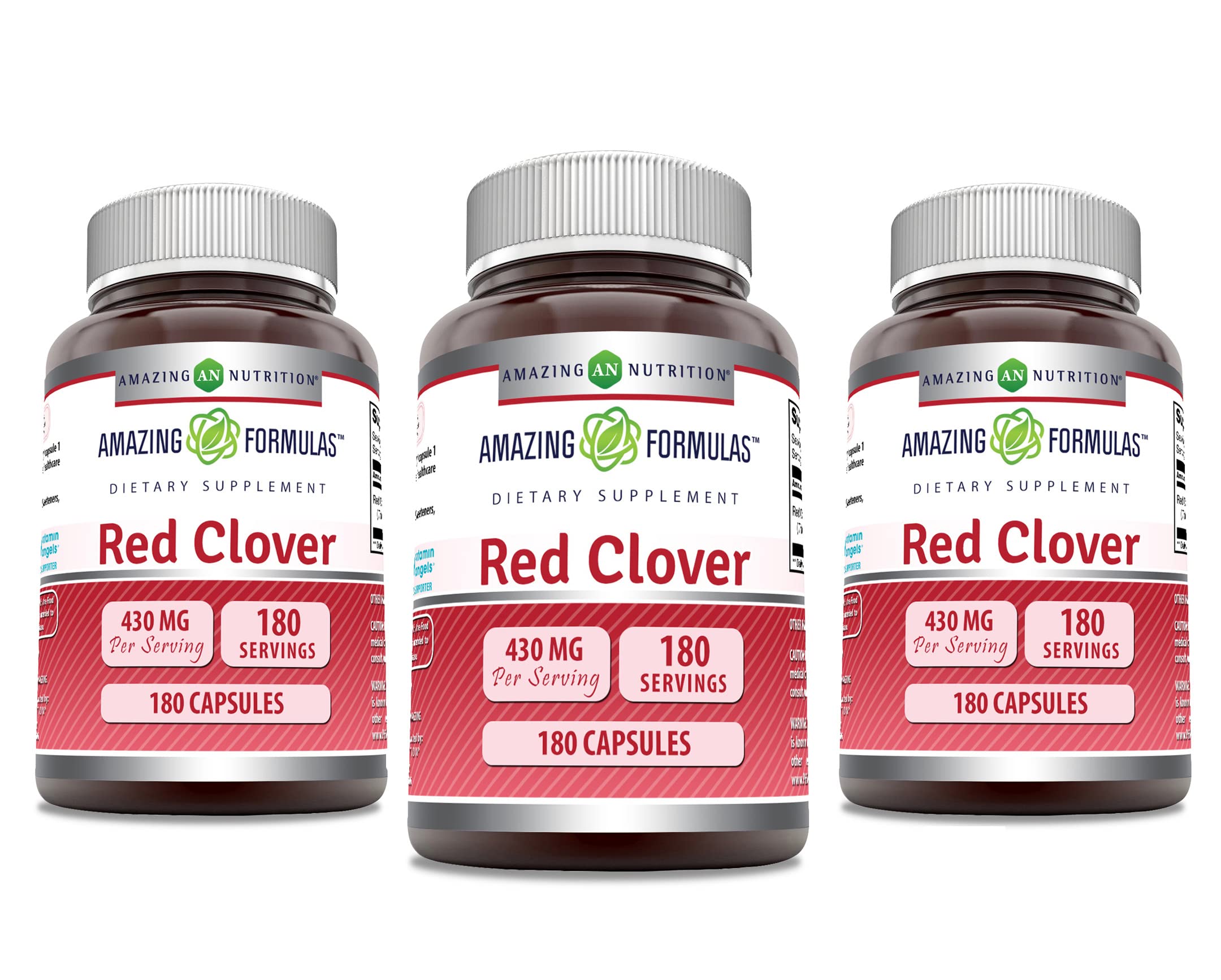 Amazing Formulas Red Clover 430 mg Capsules Supplement | Red Clover Blossoms Herb Extract | Non-GMO | Gluten Free | Made in USA (180 | 3 Pack)