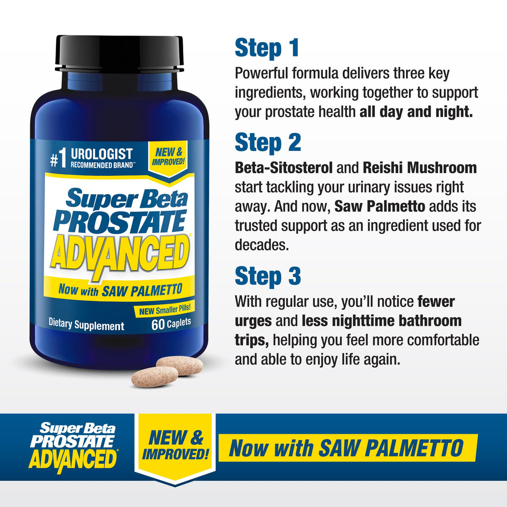 SUPER BETA PROSTATE Advanced with Saw Palmetto - Prostate Health Supplements for Men, Bladder & Urinary Support with Beta-sitosterol, Reishi, Saw Palmetto, Vitamin D, Zinc Oxide, Selenium - 120 Count