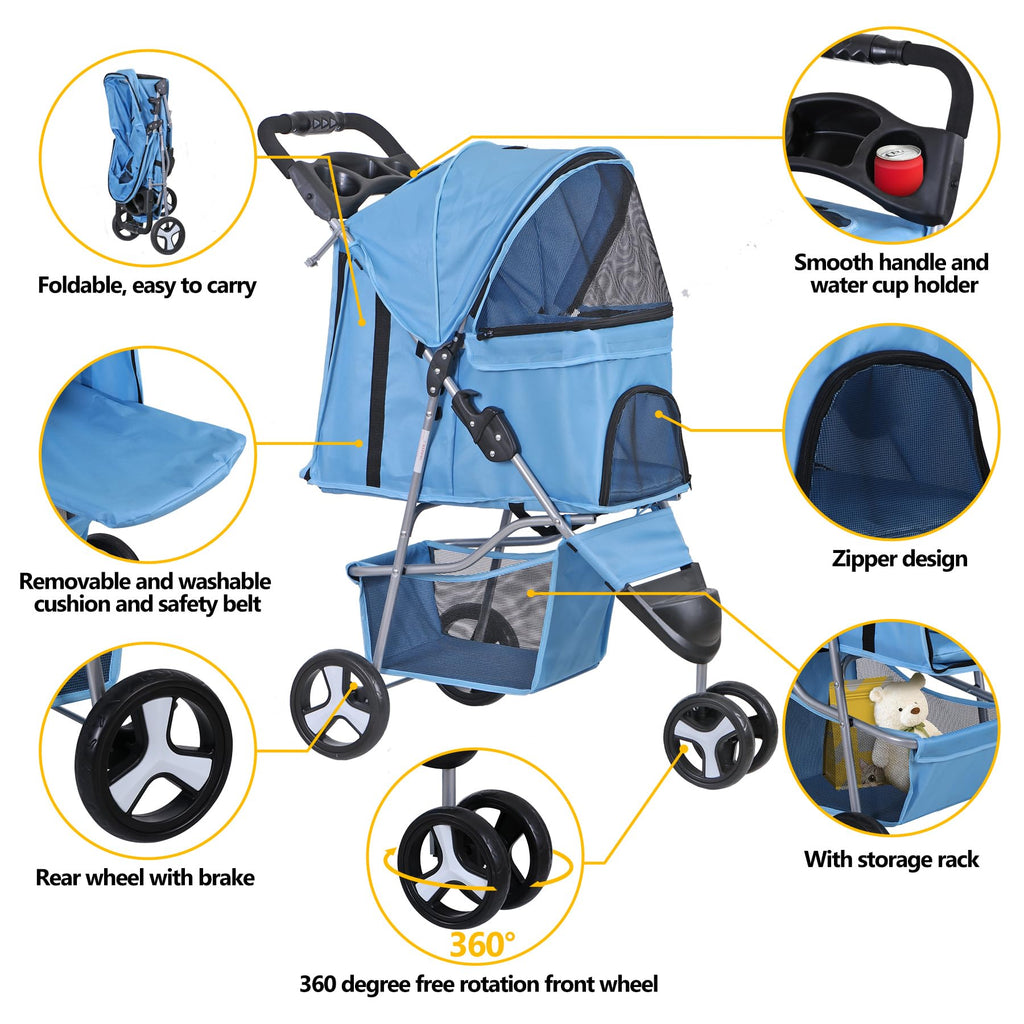 Epetlover 3 Wheels Dog Stroller Folding Pet Strolling Cart for Small Medium Cats Puppies Portable Jogger Travel Camping Puppy Carrier with Storage Basket Cup Holder, Blue