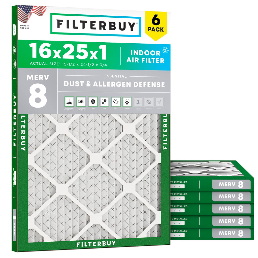 Filterbuy 16x25x1 Air Filter MERV 8 Dust & Allergy Defense (6-Pack)
