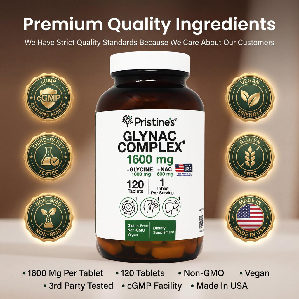 PRISTINE'S GlyNAC Complex Glutathione Production Supplement Tablets - 3rd Party Tested Anti Aging, Sleep Quality & Cognitive Support Supplement - Glycine & NAC Gluten Free Non GMO USA Made