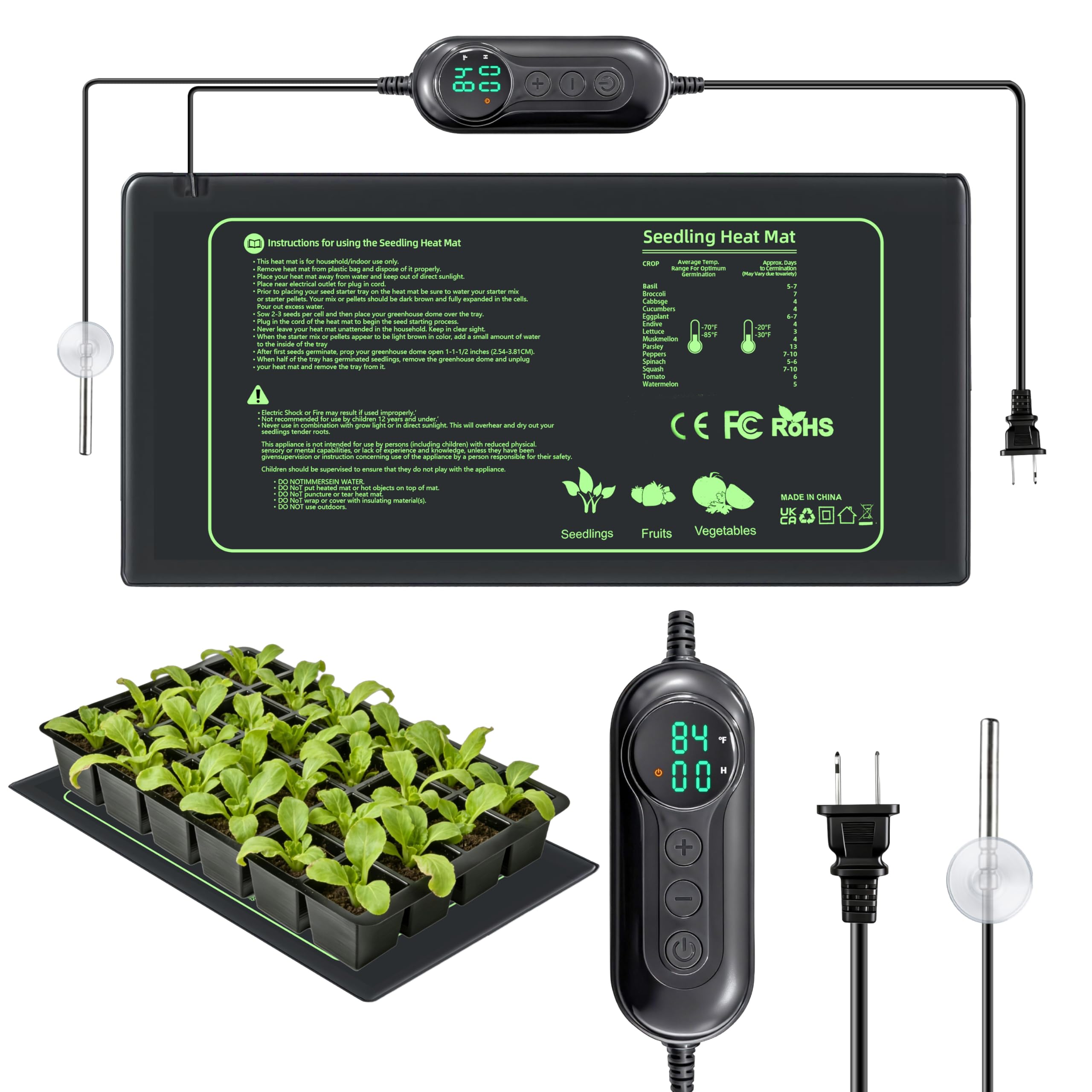 Toaspa Seedling Heat Mat with Thermostat Controller, Plant Warming Mat for Indoor Growing, Seed Starting Heater Mat Temperature & Timer Set, Waterproof Heat Mat for Germination Fermentation Greenhouse