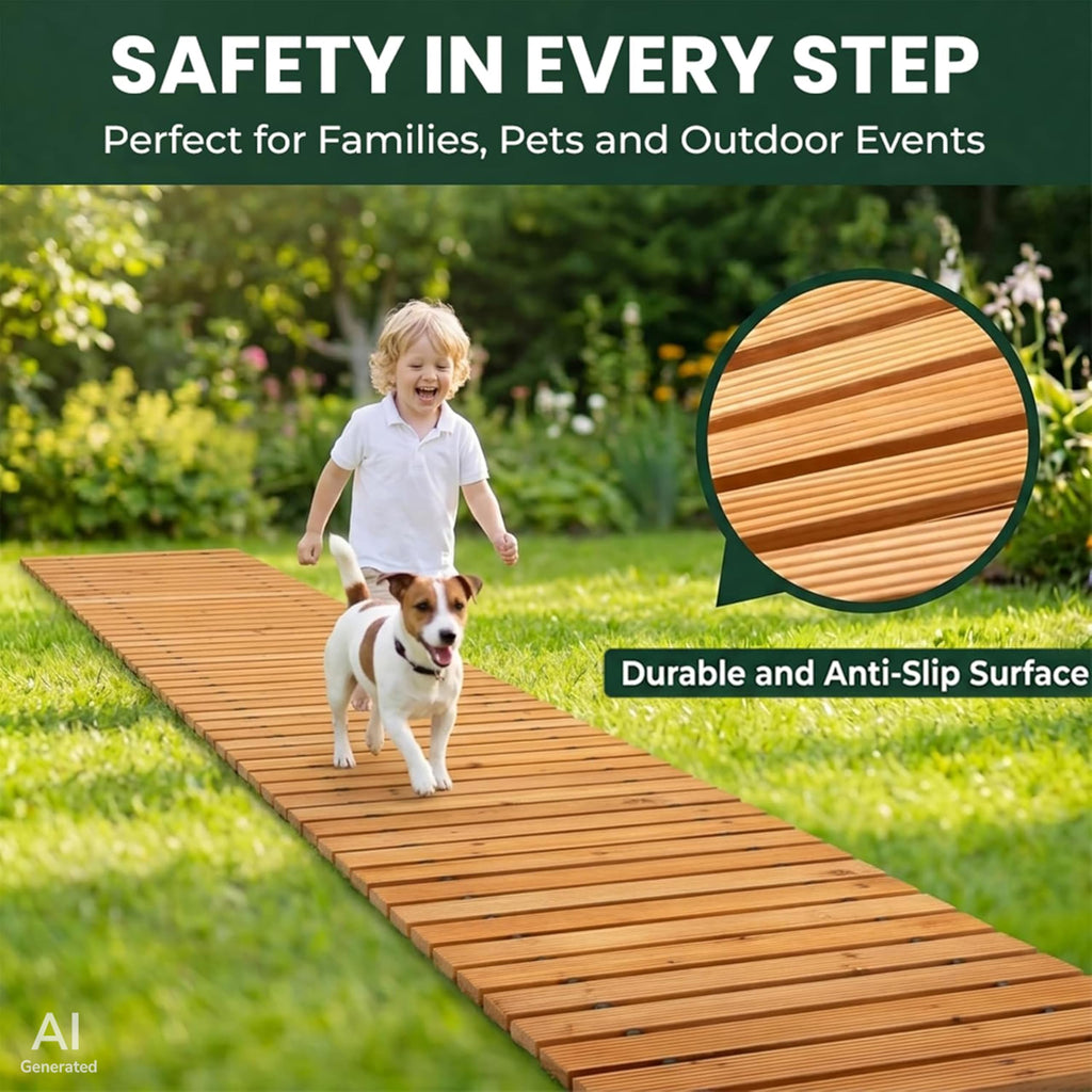 Plow & Hearth 8' Straight Outdoor Wooden Pathway | 18" Wide Rollout Outdoor Garden Walkway | Weather-Resistant Hardwood Cedar Board Walkway Landscape Edging | Decorative Lawn Patio Wedding Party