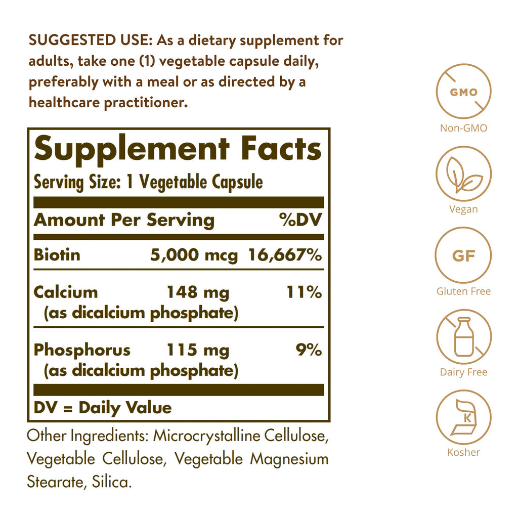 Solgar Biotin 5000 mcg,100 Veg Caps-Promote Healthy Skin,Nails&Hair-Supports Energy Production,Protein,Carbohydrate&Fat Metabolism-Vitamin B-Non GMO,Vegan,Gluten Free-100 Servings,(Pack of 2)