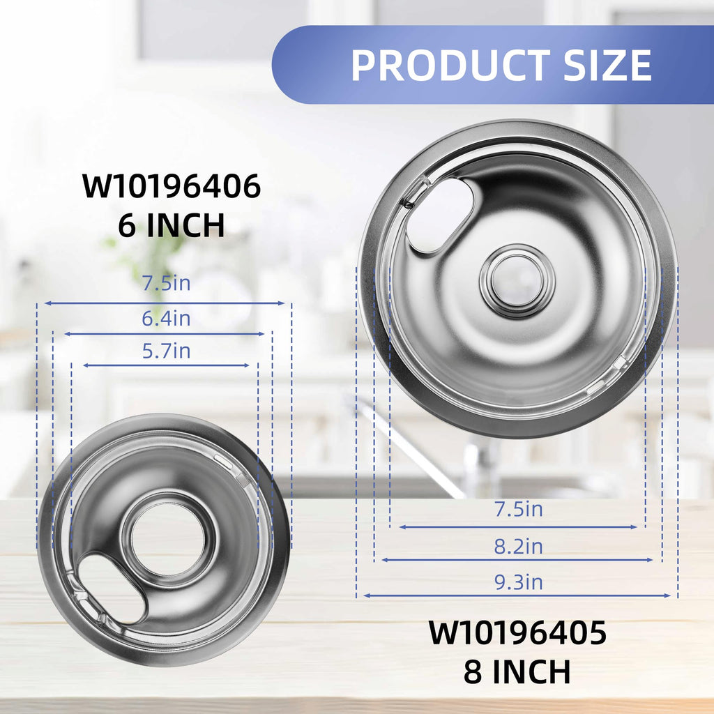 W10196406 and W10196405 Chrome Stove Burner Drip Pan Set for Whirlpool Amana Maytag Magic-Chef Kenmore Electric Range with Locking Slot, Includes 2 6-Inch and 2 8-Inch Drip Bowls