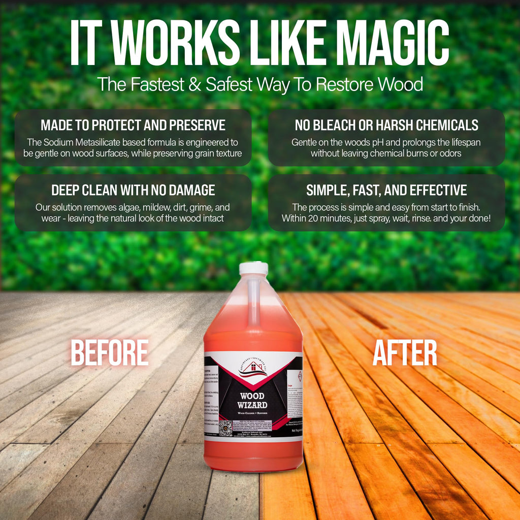 Southeast Softwash Wood Wizard | Heavy Duty Wood Floor Cleaner & Stain Remover | No-Bleach Wooden Floor Cleaner for Decks, Fences, & Docks | Odorless Concentrated Solution (1 Gallon Jug, 4 Pack)