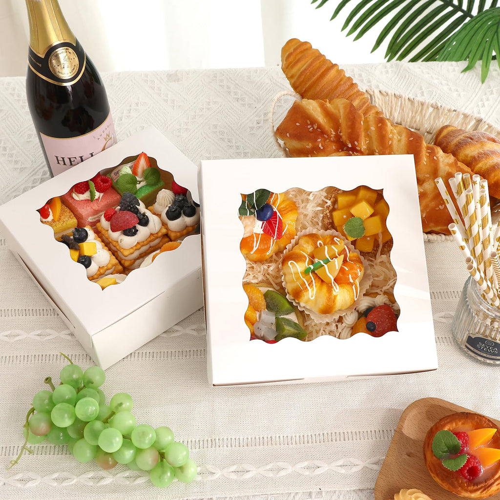 Moretoes 30pcs Bakery Boxes, 8x8x2.5 Cookie Boxes with Window, White Treat Containers for Donuts, Chocolate Strawberries, Pie, Birthday Party, Mother's Day, Weddings