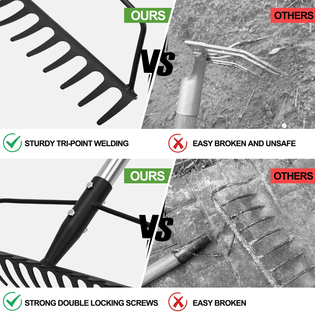 YEELOR Garden Rake, Heavy Duty 16-Tine Bow Rake, Metal